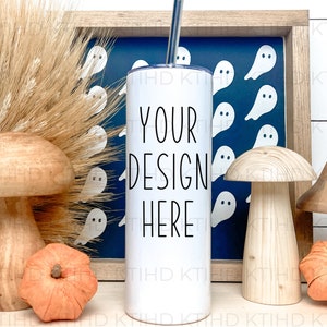Skinny Tumbler Mockup  | JPEG AND PNG Sublimation White Tumbler Mock Up | Boho Halloween Mockup | Decal Mockup | Metal straw Template