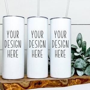 Weiß Skinny Tumbler Mockup: Boho Wrap, Full Wrap Sublimation (JPEG, PNG)