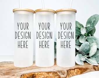 Frosted skinny glass mockup | 3 frosted  cup mock-up | Sublimation JPEG and PNG files | three glass with lid mockup