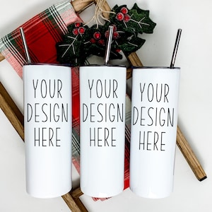 Skinny Tumbler Mockup | Set Of 3 Thermal Cups White | Christmas Wrap Around JPEG and PNG | 20 oz Tumbler full wrap sublimation Template