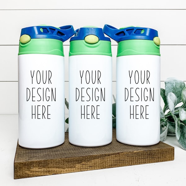 Kids cup Mockup | Set of 3 Thermal flip top sippy Cups green and blue  JPEG and PNG |  full wrap sublimation water bottleTemplate