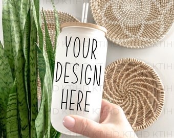 frosted Libby beer glass mockup | bubble tea farmhouse  cup mock-up | Sublimation JPEG and PNG | hand holding can mockup