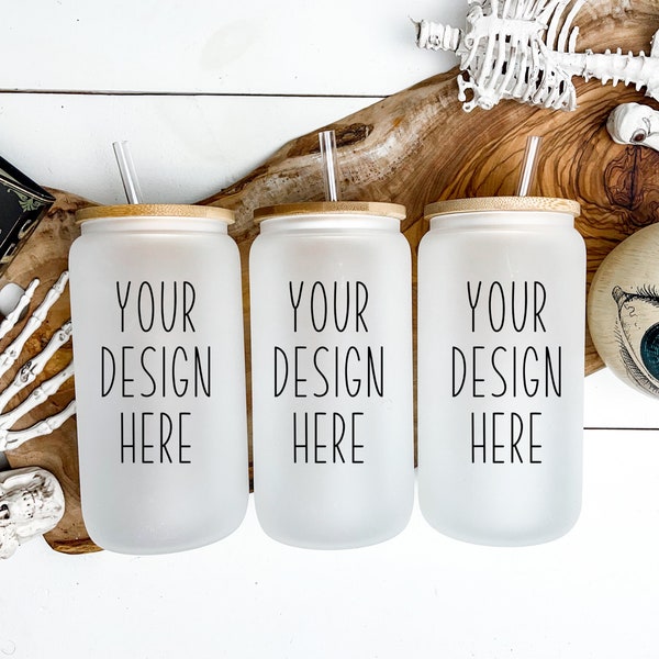 Frosted Libby beer glass mockup Halloween | 3 bubble tea  cup mock-up | Sublimation JPEG and PNG file | three can mockup