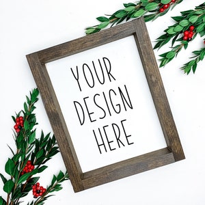 Wood Sign Mockup | 8x10 frame Mockup | Christmas shelf Farmhouse Mockup | Framed Mockup | Wood Sign greenery | Styled Stock Photo