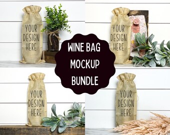 May include: Four burlap wine bottle bags with the text "Your Design Here" printed on each bag. The bags are displayed on a white wood background with various decorative elements.