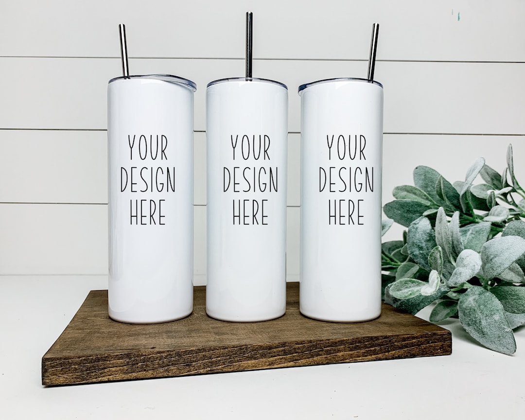 20 Oz Skinny Tumbler Mockup Set of 3 Thermal Cups White Wrap Around ...