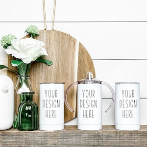 Spring Sippy cup Mockup | Set of 3 Thermal sippy Cups white  JPEG and PNG |  full wrap sublimation water bottleTemplate