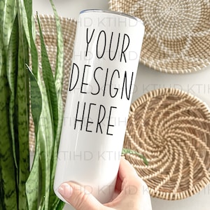 Skinny Tumbler Mockup | Thermal Cup White | hand holding Wrap Around Mock Up JPEG and PNG | 20 oz Tumbler full wrap sublimation Template