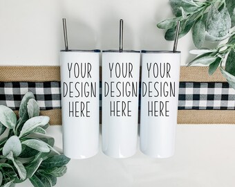 Skinny Tumbler Mockup | Set Of 3 Thermal Cups White | Farmhouse Wrap Around Mock Up JPEG and PNG | 20 oz Tumbler sublimation Template