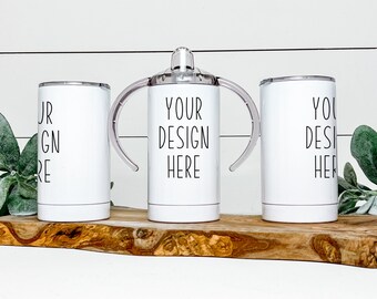Sippy Cup Mockup: Thermal White Cups, Full Wrap Sublimation (JPEG, PNG)