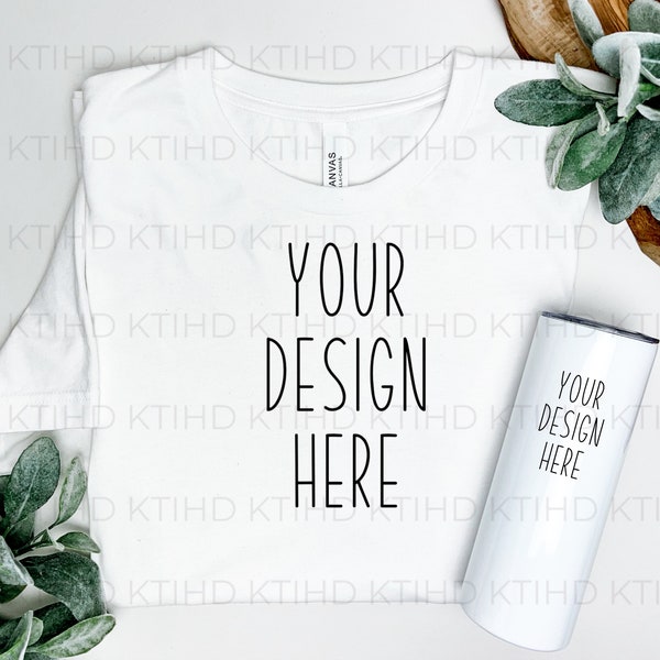 Bella Canvas 3001  AND skinny tumbler mockup | White  T Shirt Mockup | 3001 Mockup | T Shirt Stock Photo | unique T-shirt mock up