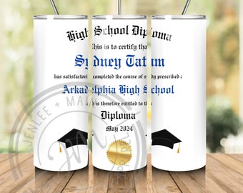 Personalized Senior Graduation Diploma Tumbler, Senior Tumbler Cup, Custom Graduation Gift, 20 oz Skinny Tumbler for graduation,