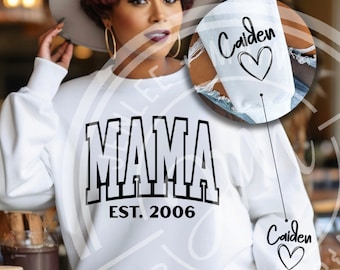 Personalized Mama Sweatshirt with child names on Sleeve, Mama Est year, Gift for Mom, Mothers Day Gift, Customizable Varsity Sweatshirt