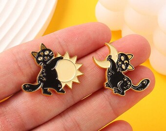 Cartoon Pin|Punk Black Cat Pin |Anime Pin|Hard Enamel Pi |Black Cat with Moon&Sun Pin| Pin Set|Enamel Pin Set|Delicate Pin|Gift For Her