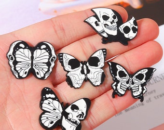 Black White Punk Pin | Butterfly Skull Skeleton Enamel Pin Set | Funny Halloween Pins | Half Face Moth Enamel Pin | Cool Pins | Gift For Him