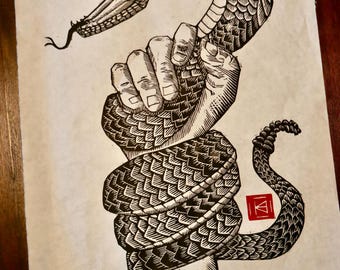 Estampe de serpent à sonnettes dessinée à la main – Linogravure, gravure, impression