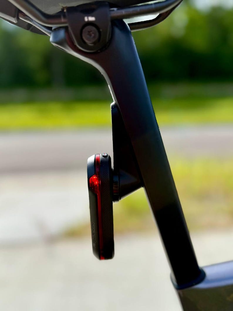 May include: A black bicycle tail light with a red light is mounted on the seat post of a bicycle. The light is attached to a black bracket. The background is blurred, showing a green area and a road.