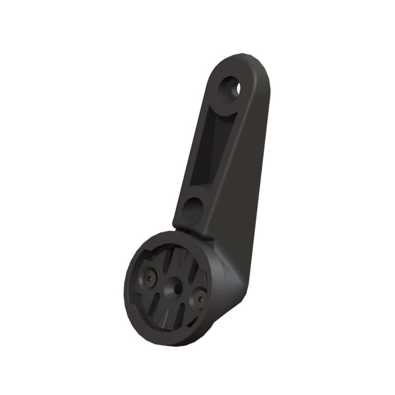 May include: A black bicycle computer mount with a round base and two screw holes. The mount has a vertical arm with two additional holes for attachment. The design is sleek and modern, suitable for various bike models.