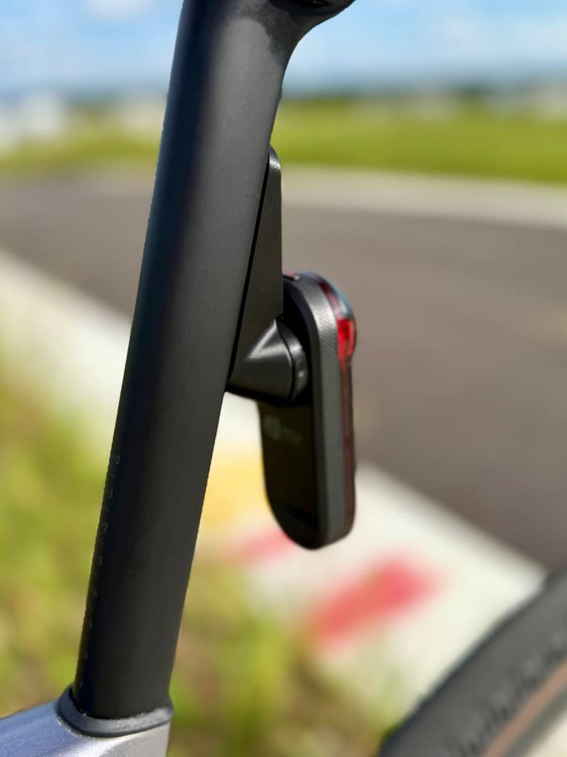 May include: A black bicycle seat post with a mounted black and red taillight. The taillight is attached to the seat post with a black bracket. The background is blurred, showing a road and greenery.