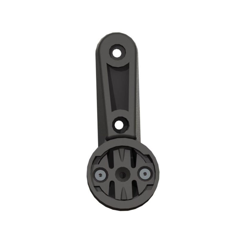 May include: A dark gray bicycle computer mount. The mount has a circular base with two screws and a vertical arm with two holes for mounting. The mount is designed to hold a bicycle computer.