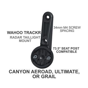 May include: Black Wahoo Trackr radar taillight mount. Features 34mm M4 screw spacing and is 73.5° seat post compatible. Compatible with Canyon Aeroad, Ultimate, or Grail models.