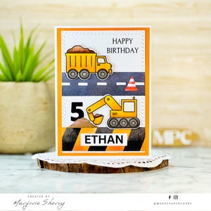 Trucks handmade birthday card. Birthday card for boys and girls. Personalised birthday card. Construction trucks birthday card.