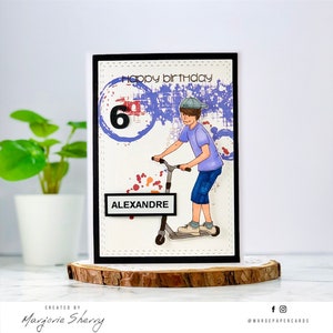 Scooter Boy birthday card. Handmade Birthday card. Card for boys. Card for kids. Fun Birthday Greeting Card. Happy birthday card.
