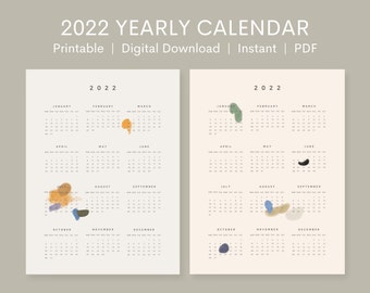 2022 Calendar Printable, Yearly Calendar, Abstract Calendar, Simple Calendar, 2022 Calendar, Digital Calendar, One Page Calendar