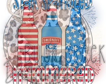 May include: Three bottles of alcohol with American flag designs. The bottles are labeled "Smirnoff", "Red, White & Perry", and "Buck Creek". The text "Star Spangled Hammered" is above the bottles.