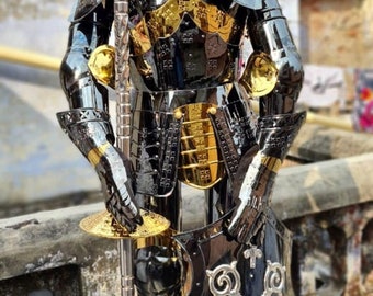 Medieval Knight Crusader Suit Of Full Body Stainless Steel Rust Free Armour Body Suit With Golden and Black Finish Halloween Costume