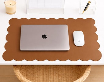 Orelle Scalloped Desk Mat | Vegan Leather Desk Mat for Keyboard and Mouse, Laptop, Makeup Vanity | Computer Desk Pad Mat | 30 x 15”