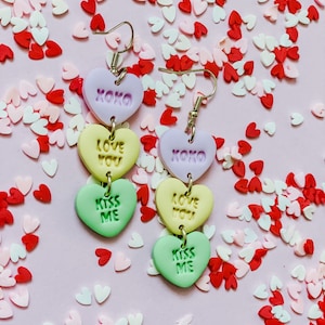 Candy Heart Earrings | Handmade Polymer Clay Earrings | Valentine’s Day Earrings | Lightweight | Conversation Heart