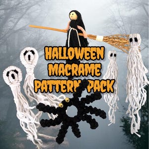 May include: A Halloween macrame pattern pack featuring handmade ghosts, a spider, and a witch on a broom. The text "Halloween Macrame Pattern Pack" is displayed in orange and yellow.