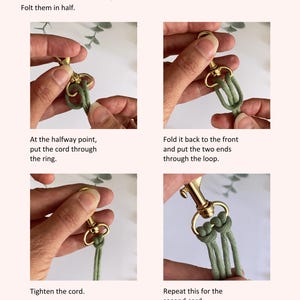 K&ouml;nnte beinhalten: Anleitung zur Herstellung eines Schl&uuml;sselanh&auml;ngers. Die Bilder zeigen, wie man eine gr&uuml;ne Kordel um einen goldfarbenen Verschluss faltet und verknotet. Der Text lautet: "Schritt 2: Starte deinen Schl&uuml;sselanh&auml;nger." Die Anweisungen umfassen das Schneiden von zwei 100 cm langen Kordeln.