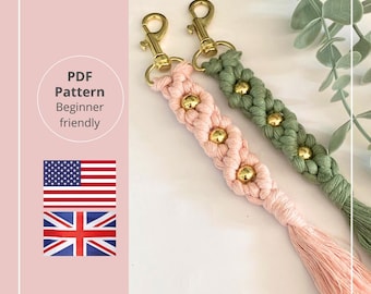 Makramee-Schlüsselanhänger-Muster, anfängerfreundliches Makramee-Muster für Schlüsselanhänger mit Perlen, PDF-Muster, englisches Tutorial für Makramee-Schlüsselanhänger