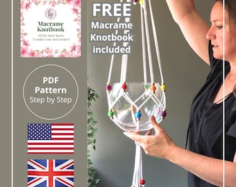 Makramee-Muster Englisch für verstellbaren Pflanzenhänger Regenbogen, PDF-Tutorial, Pflanzenhänger, Makramee-Pflanzenhänger-Tutorial, Makramee, anfängerfreundlich