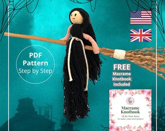 PDF Pattern macrame witch on a broom, Halloween decor diy witch macrame halloween decoration, halloween macrame tutorial witch pattern