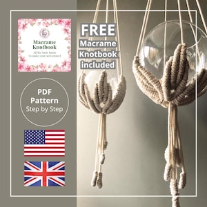 Macrame Pattern in English of Macrame Lilly flower plant hanger, beginner friendly, Macrame tutorial, every step explained with many pictures