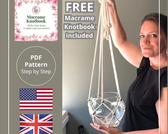 Makramee-Muster auf Englisch für verstellbaren Makramee-Pflanzenhänger. Makramee-Pflanzenhänger, DIY-Pflanzenhänger, PDF. Verstellbarer Makramee-Pflanzenhänger