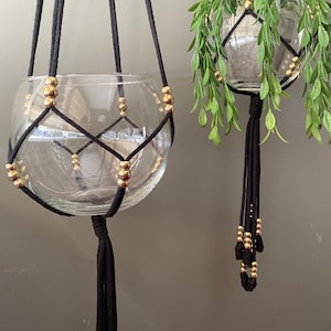 Macrame adjustable plant hanger black and gold plant hanger macrame black plant hanger luxury plant decor black plant hanger golden beads