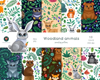 Woodland animal digital paper, Animal seamless pattern, Kids paper pack, Commercial use, Baby digital download