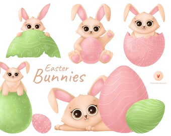 Easter Bunnies Clipart, Cute Bunny Rabbit PNG, Rabbit Clipart, Easter Clip Art, Commercial Use