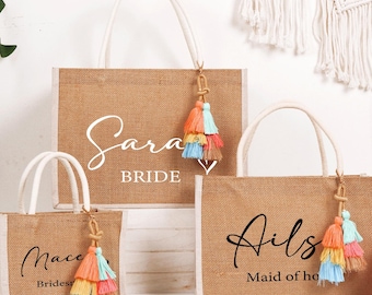 Personalized Burlap Gift Bag with Tassel Charm — Custom Proposal Gift, Bachelorette & Bridal Shower Tote