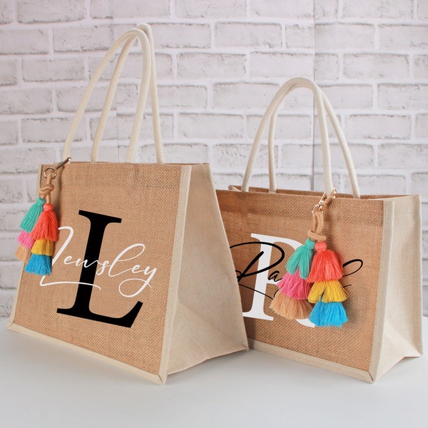 Tote Bag Jute Burlap Personalized Natural Jute Tote Bag Bridesmaid Gifts Monogrammed Jute Bag Beach bag