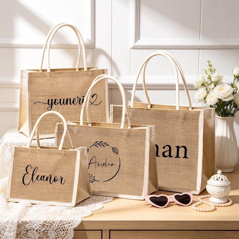 Puede incluir: Cuatro bolsas de yute rectangulares con asas blancas y texto en negro. Las bolsas presentan los nombres Eleanor, Amelia y otros impresos en varias fuentes. Las bolsas est&aacute;n dispuestas en grupo, mostrando diferentes tama&ntilde;os y dise&ntilde;os.
