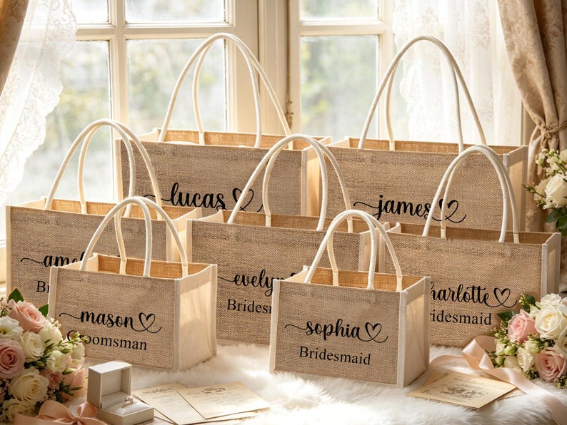May include: A collection of beige burlap tote bags with white handles, personalized with names and titles like "Bridesmaid" and "Groomsman" in black script. The bags are arranged near a window, with flowers and a ring box visible.