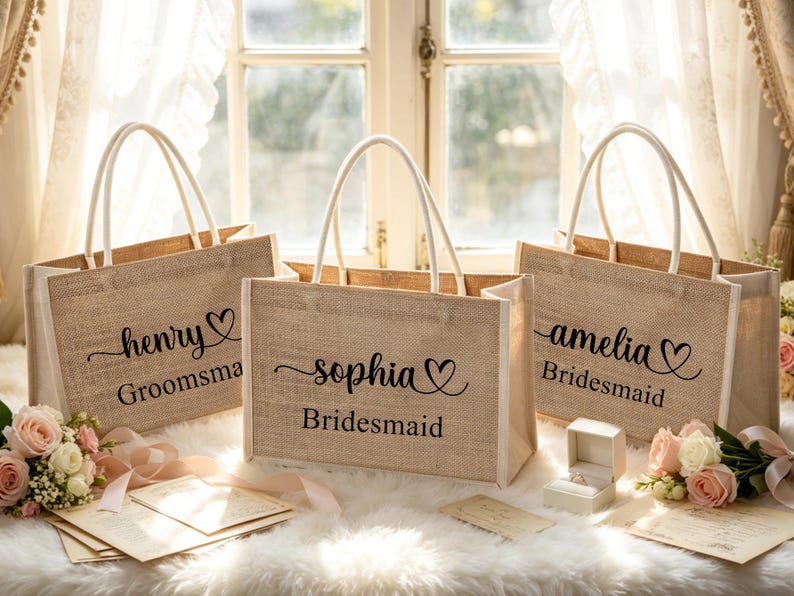 May include: Three burlap tote bags with white handles. Each bag has a name and title in black script: "henry Groomsma", "sophia Bridesmaid", and "amelia Bridesmaid". A ring box and flowers are in front of the bags.