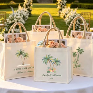 Peut inclure: Quatre sacs fourre-tout en toile écrue avec des poignées en jute, chacun orné d'un motif de palmier vert et bleu. Les sacs sont remplis de roses couleur pêche et de documents imprimés. Du texte est présent sur les sacs.