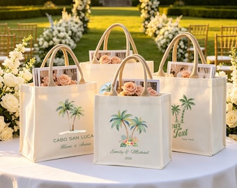 Canvas Bag with Green Palm Tree Design, Personalized Wedding Tote, Bridal Party Gift Bag, Wedding Welcome Bag, Destination Bridesmaid Favor