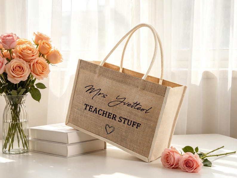 Pu&ograve; includere: Una borsa tote rettangolare in juta con due manici, caratterizzata dal testo stampato in nero Mrs Yvetteol, TEACHER STUFF e una piccola icona a forma di cuore. La borsa ha una trama intrecciata color marrone naturale e pannelli laterali bianchi.
